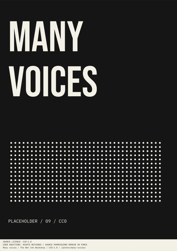 Black typographic print reading “MANY VOICES”, with an array of halftone dots and a clearly marked placeholder credit.
